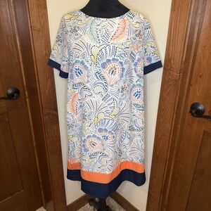 Molly‎ Bracken Floral Patterned Shift Dress with Orange and Blue Accents size M